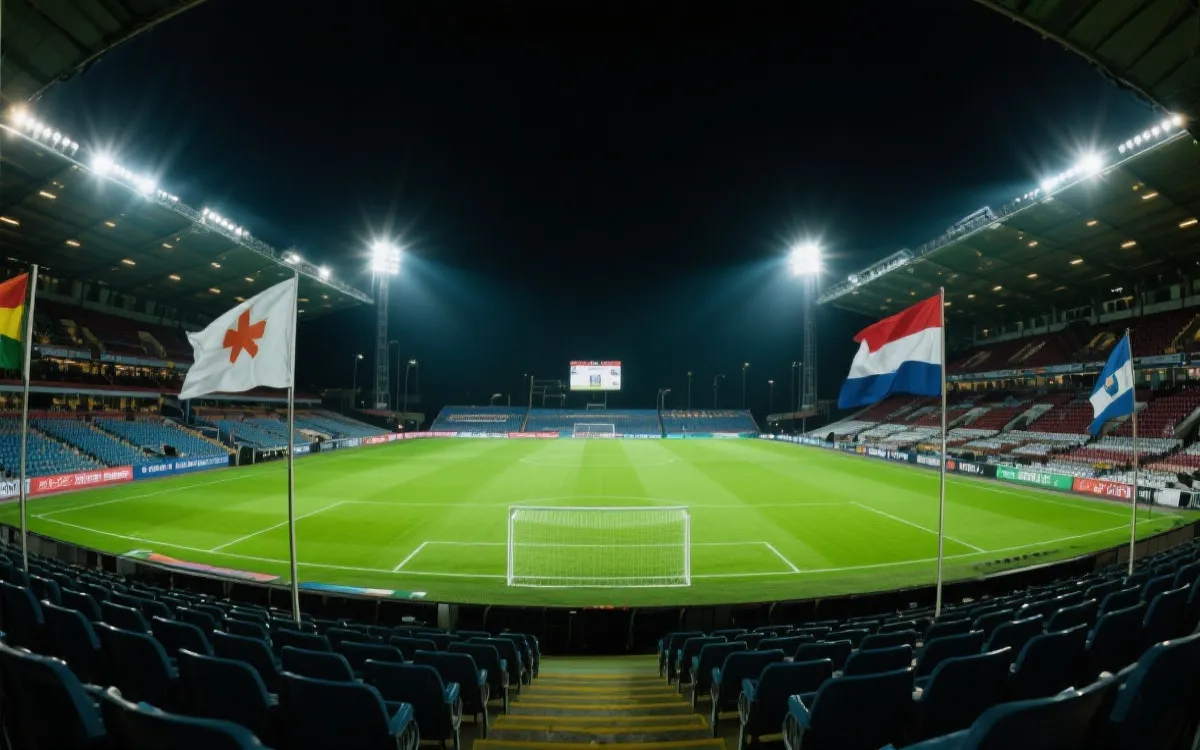 看台视角的绿茵场与灯光，球迷挥舞旗帜，氛围热烈