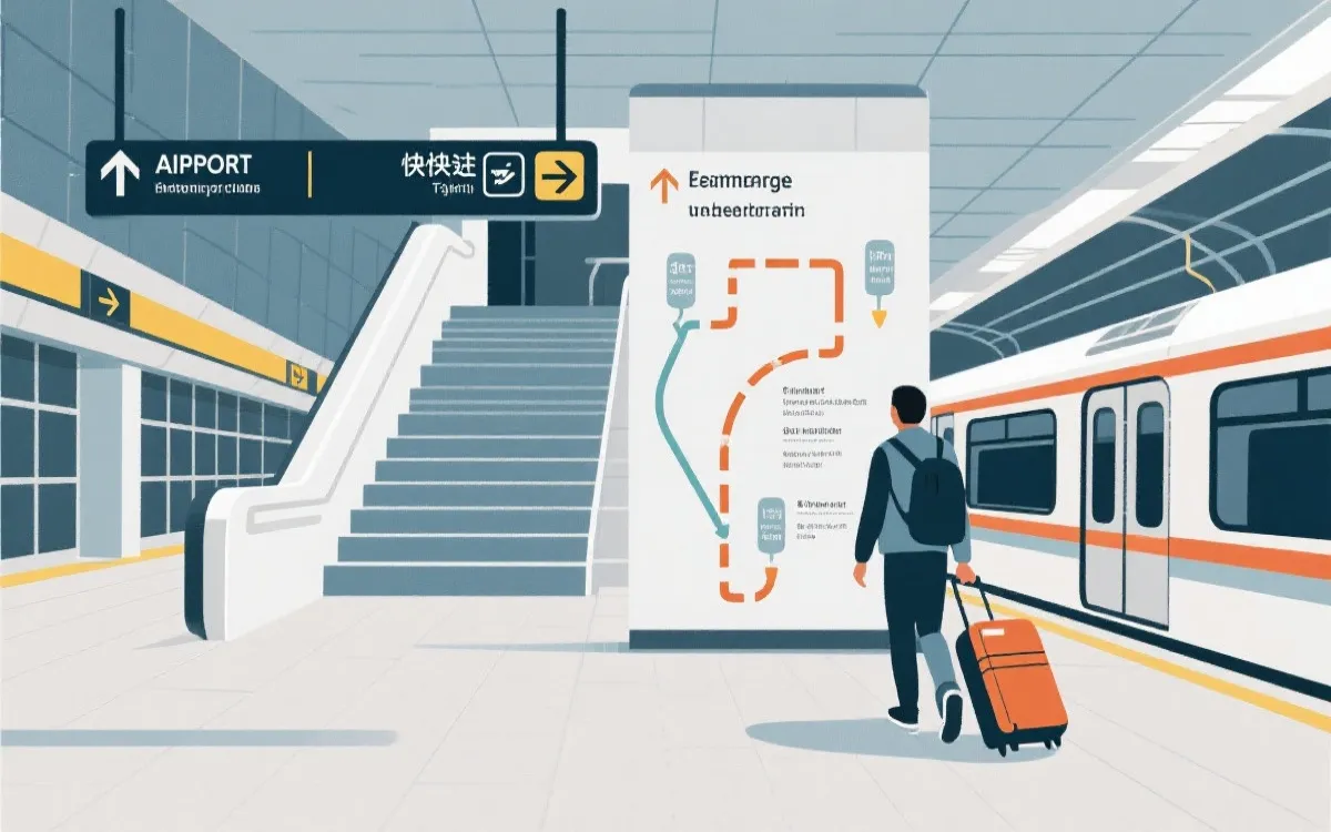 旅行者在地铁站与机场快线之间拖行李的动线示意，简洁信息图风格